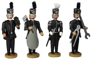 W. Werner Bergleute aus der Steinkohle um 1842 Bergdirektor, Zimmerer, Kohlenträger, Maschinist (W. Werner 1402) Erzgebirgische Volkskunst: Bergleute aus der Steinkohle umd 1842 (Hauer, Fahnenträger, Reviersteiger, Bergschmied)