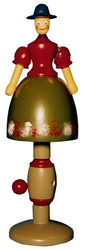 Wolfgang Werner Tanzpuppe (15 cm) Herbst (Wolfgang Werner 776) Erzgebirgsche Volkskunst: Tanzpuppe (Herbst) - An der Säule, auf der die Puppe drehbar angebracht ist, kann durch Herausziehen eines Fadens die Puppe in Rotation versetzt werden. Durch rhythmisches Ziehen und Lockerlassen des Fadens kann die Puppe - vergleichbar mit der Handhabung eines Jojos - in ständiger Bewegung gehalten werden. Die Arme der Puppe werden dabei durch die Fliehkraft vom Körper fortbewegt.